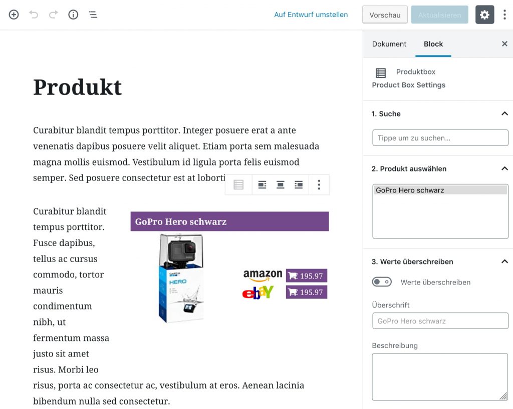 Eine Produktbox integriert in den WordPress Editor